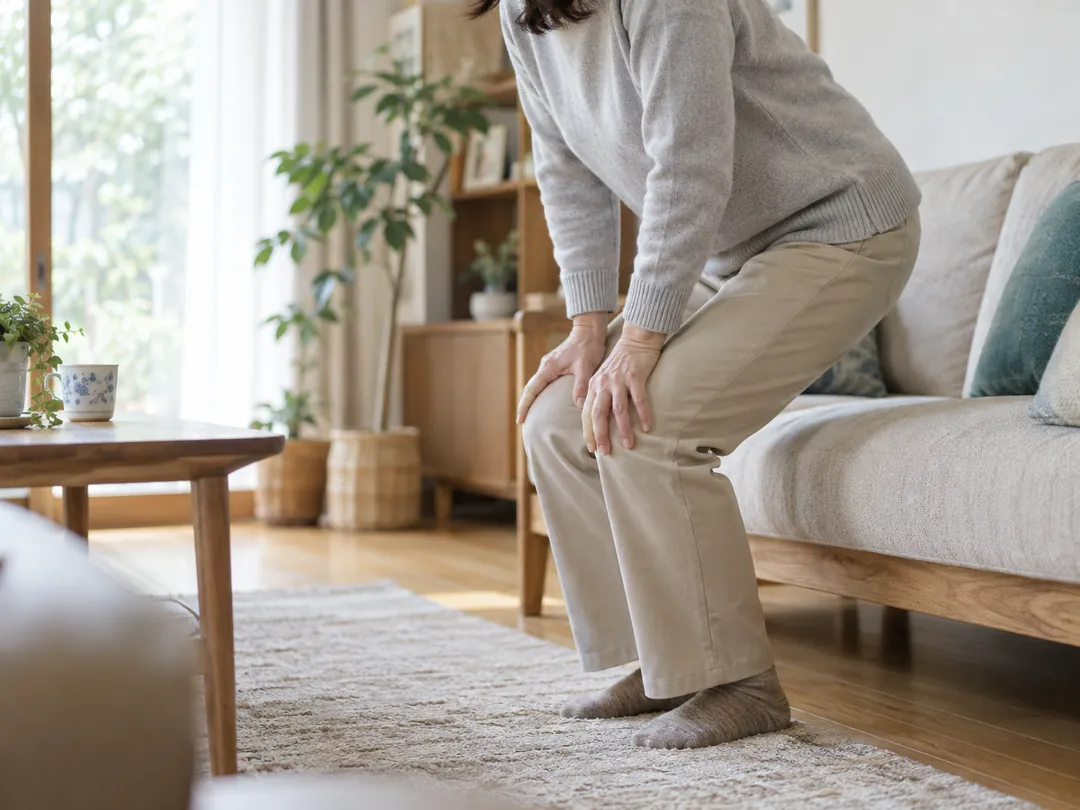 ソファから立ち上がるときに膝に手をつく女性