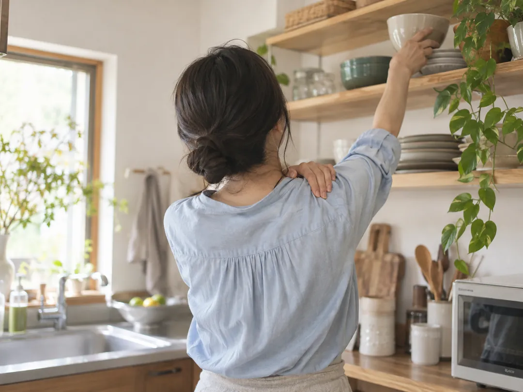 高い棚に手を伸ばして肩を押さえる女性