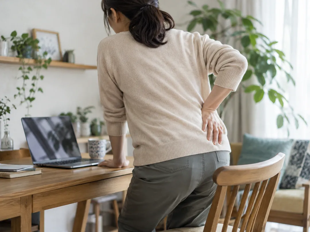 デスクから立ち上がるときに腰に手を当てる女性