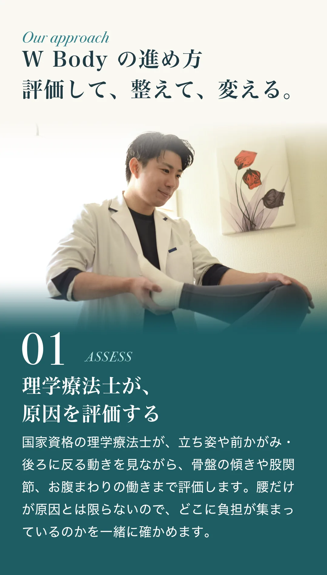 W Body の進め方。01 理学療法士が、原因を評価する。国家資格の理学療法士が、立ち姿や前かがみ・後ろに反る動きを見ながら、骨盤の傾きや股関節、お腹まわりの働きまで評価します。腰だけが原因とは限らないので、どこに負担が集まっているのかを一緒に確かめます。